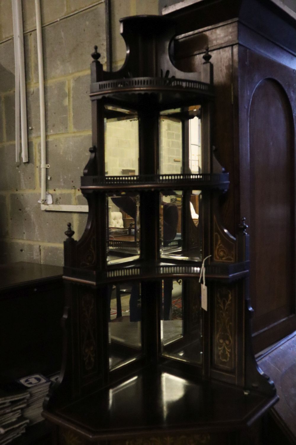 A late Victorian inlaid rosewood mirrored standing corner cabinet, width 66cm, depth 44cm, height 214cm